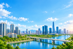 Bright Riverfront City Skyline