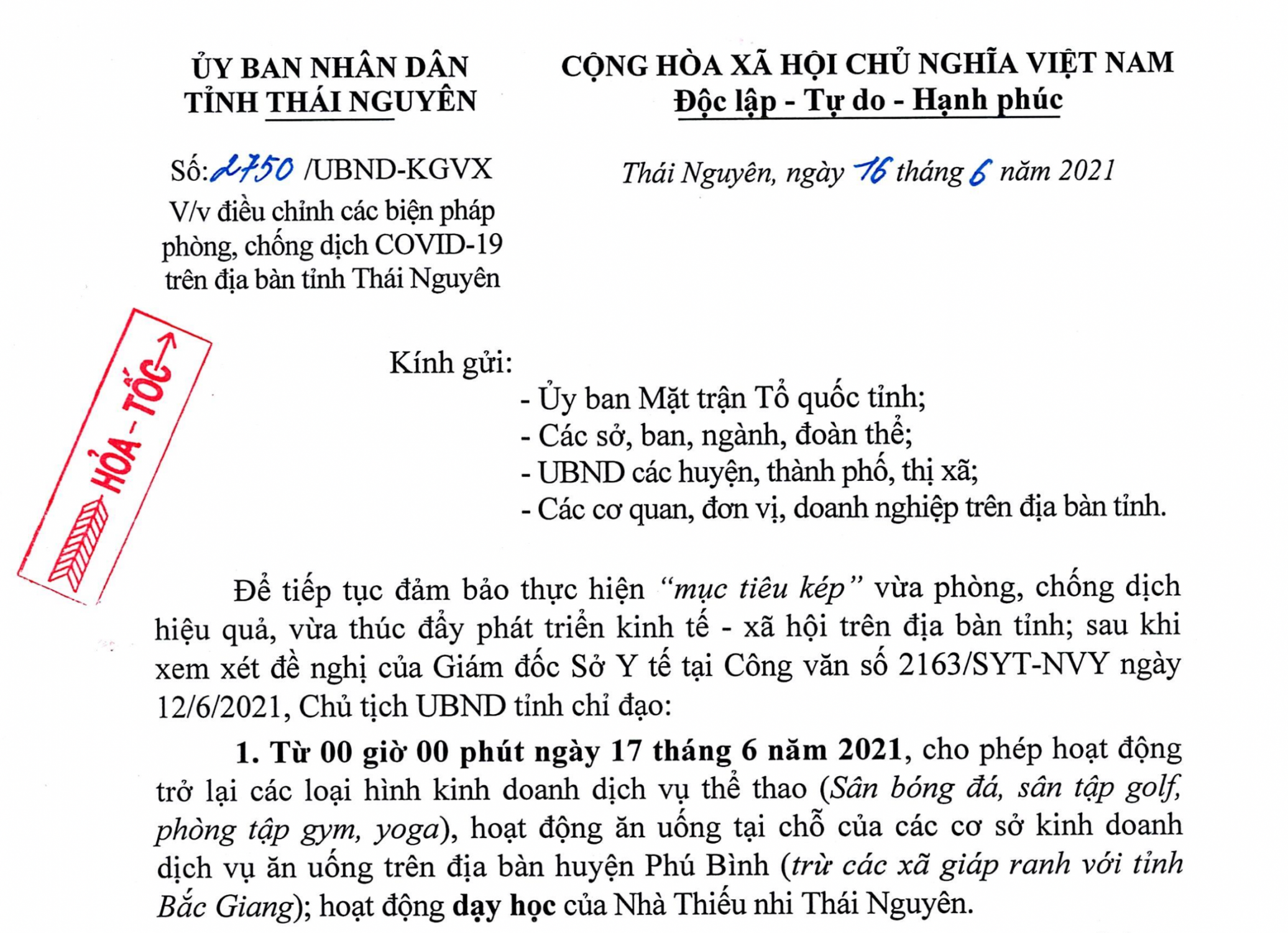 Điều chỉnh các biện pháp phòng, chống dịch Covid-19 trên địa bàn tỉnh Thái Nguyên