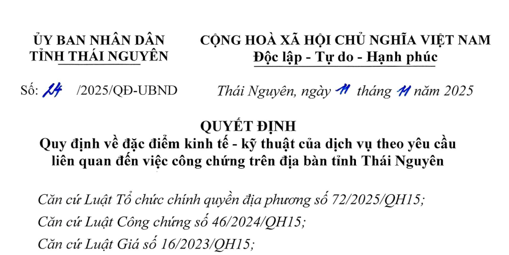 Tỉnh Thái Nguyên ban hành Quyết định quy định về đặc điểm kinh tế - kỹ thuật của dịch vụ theo yêu cầu liên quan đến việc công chứng